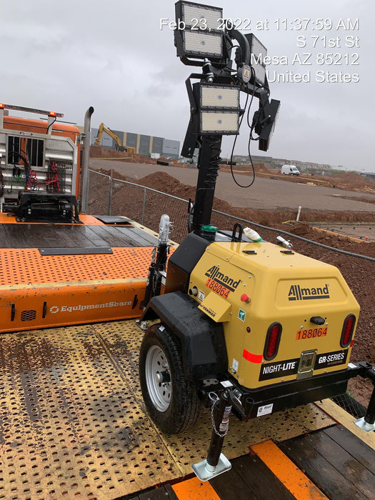 Allmand NLV3GR (4) LED Light Fixture 350W, 23' Vertical Mast, 3kW Prime, Towable, Deep Sea L401, Leveling Jacks, Yanmar T4F 5.8hp