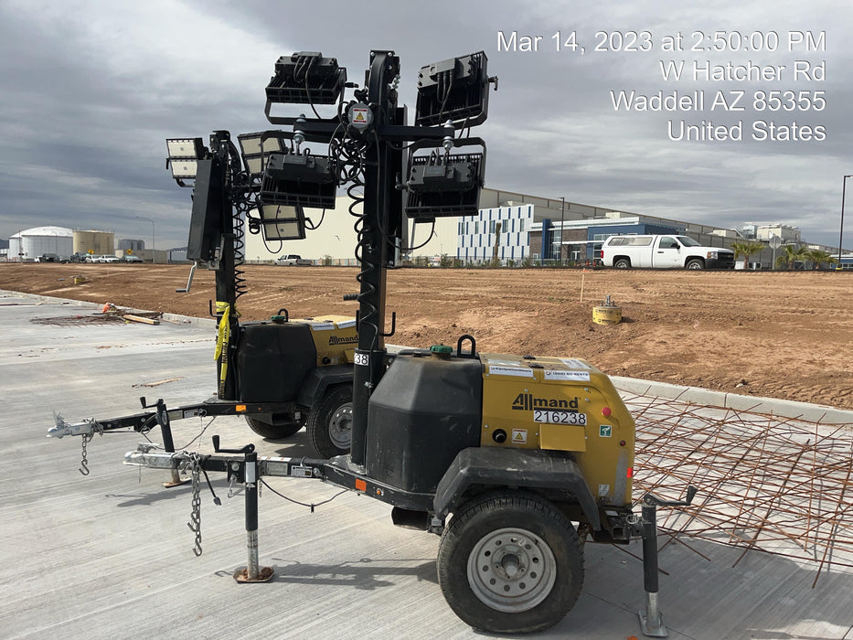 2022 Allmand NLV3GR (4) LED Light Fixture 350W, 23' Vertical Mast, 3kW Prime, Towable, Deep Sea L401, Leveling Jacks, Yanmar T4F 5.8hp