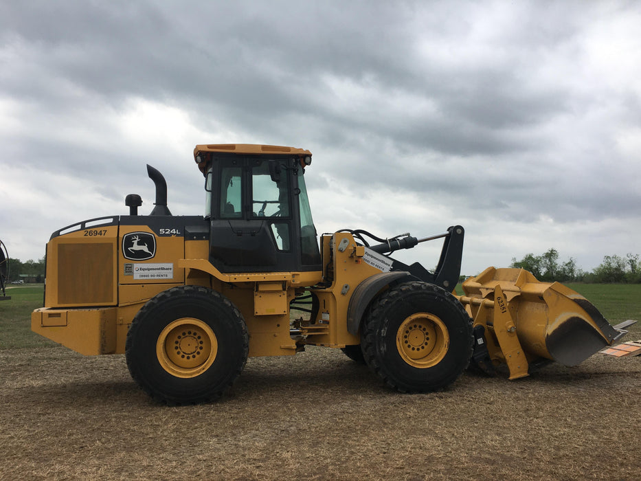 2019 John Deere 524L Cab/Heat/AIR, 3rd Function Hydraulics, Hydraulic JRB QC 2.75 Yd. Bucket, 60" Carriage/72" Forks