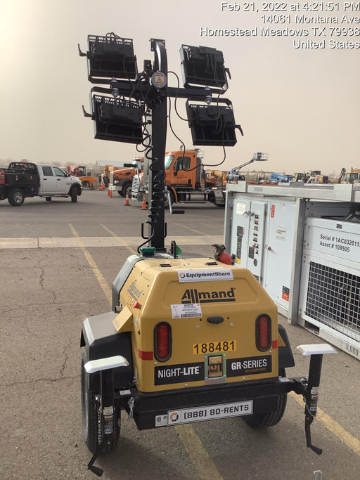 Allmand NLV3GR (4) LED Light Fixture 350W, 23' Vertical Mast, 3kW Prime, Towable, Deep Sea L401, Leveling Jacks, Yanmar T4F 5.8hp