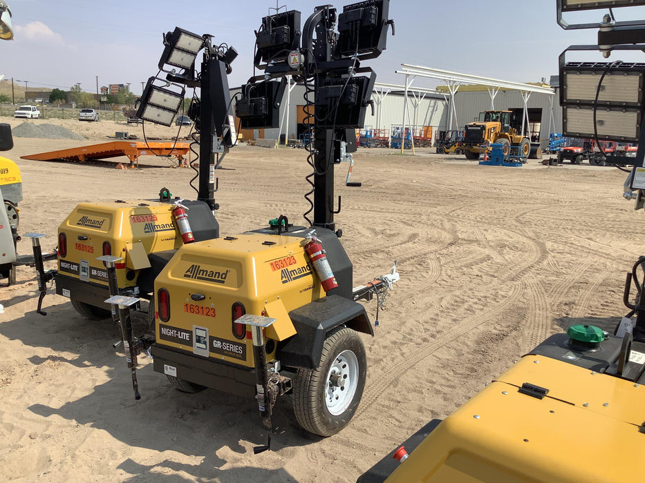 2021 Allmand NLV3GR (4) LED Light Fixture 350W, 23' Vertical Mast, 3kW Prime, Towable, Deep Sea L401, Leveling Jacks, Yanmar T4F 5.8hp