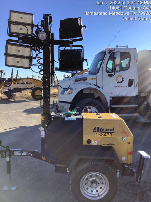 Allmand NLV3GR (4) LED Light Fixture 350W, 23' Vertical Mast, 3kW Prime, Towable, Deep Sea L401, Leveling Jacks, Yanmar T4F 5.8hp