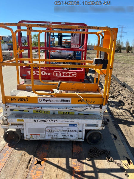 Custom Equipment HB-1430 <ul>
 <li>Hy-Brid Scissor Lift</li>
  <li>Platform capacity up to 670 lbs.</li>
  <li>Working height up to 20 ft</li>
  <li>Weighs under 1,700 lbs.</li>
  <li>Non-marking wheels </li>
</ul>