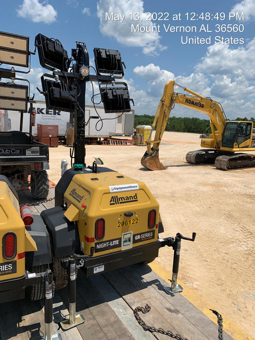 2022 Allmand NLV3GR (4) LED Light Fixture 350W, 23' Vertical Mast, 3kW Prime, Towable, Deep Sea L401, Leveling Jacks, Yanmar T4F 5.8hp