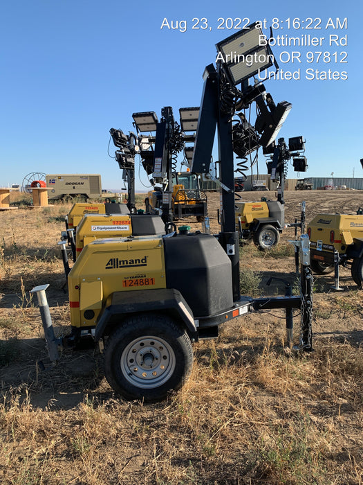 Allmand NLV3GR (4) LED Light Fixture 350W, 23' Vertical Mast, 3kW Prime, Towable, Deep Sea L401, Leveling Jacks, Yanmar T4F 5.8hp