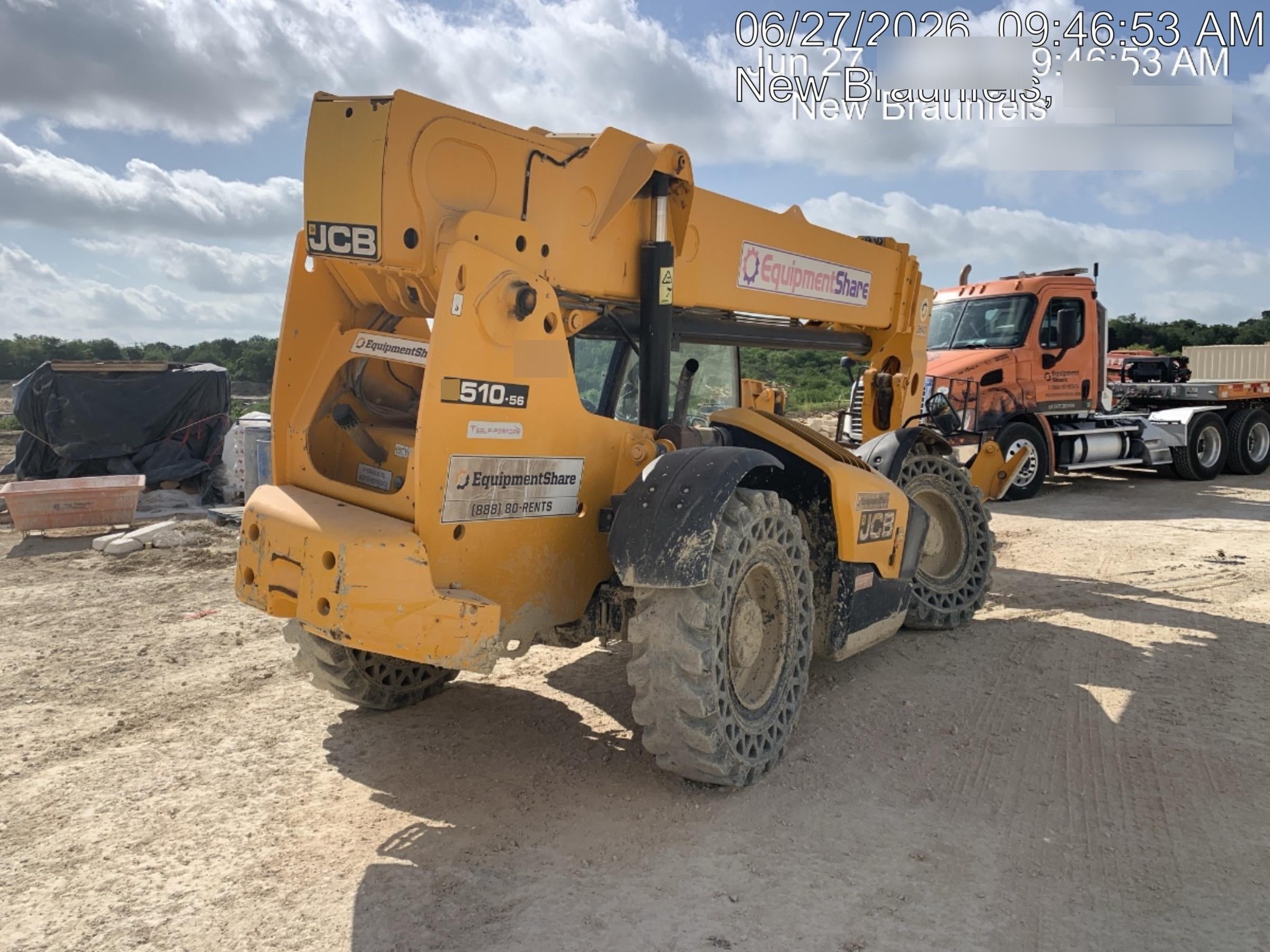 2019 JCB 510-56 74 HP w/Open ROPS, Beacon, Aux Hydraulics, Worklights, Solid Tires w/60" Carriage/Forks
