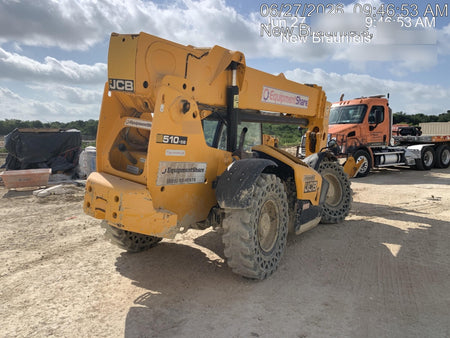 2019 JCB 510-56 74 HP w/Open ROPS, Beacon, Aux Hydraulics, Worklights, Solid Tires w/60" Carriage/Forks