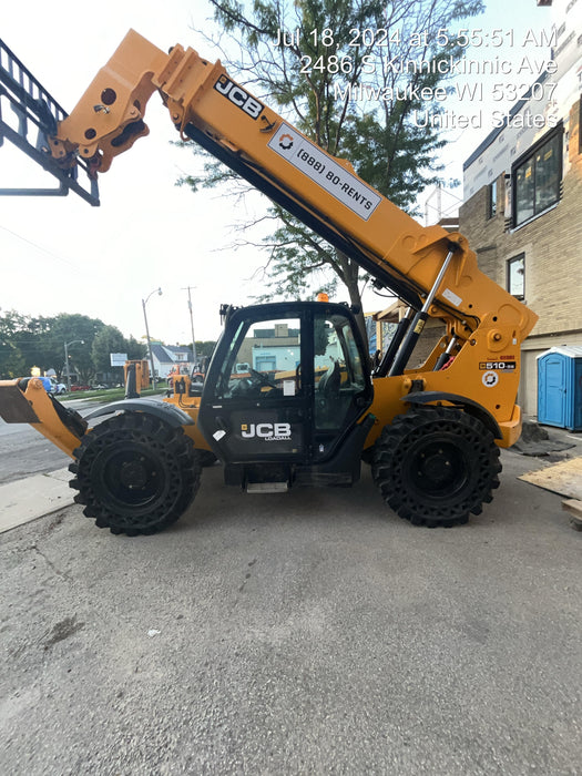 2020 JCB 510-56 Cab/Heat/Air, 74 HP, Solid Tires, STD Worklight, Beacon, Aux Hydraulics, Lifting Eye, Back up Alarm w/66" Carriage/60" Forks