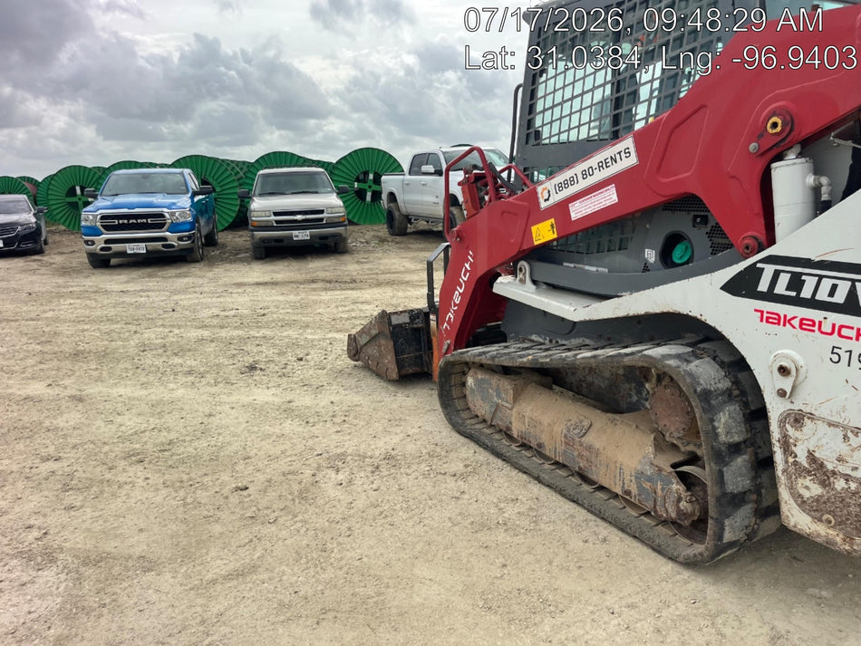 2019 Takeuchi TL10V2-CR Cab/Heat/AC, Rubber Tracks, Backup Alarm, Front & rear working Lights, Auxiliary Hydraulics, 2 Speed Travel, Engine Monitoring System, Hydraulic universal quick hitch w/76" HD smooth dirt bucket with bolt-on edge, 20.3 cubic feet capacity, 48" Pallet forks and frame