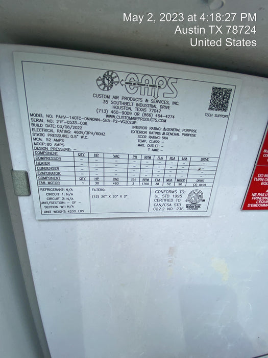 2022 CAPS PAHV-140TC-0NN0NN-5E5-P2-VG2CEUP