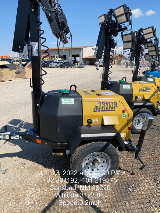 2022 Allmand NLV3GR (4) LED Light Fixture 350W, 23' Vertical Mast, 3kW Prime, Towable, Deep Sea L401, Leveling Jacks, Yanmar T4F 5.8hp