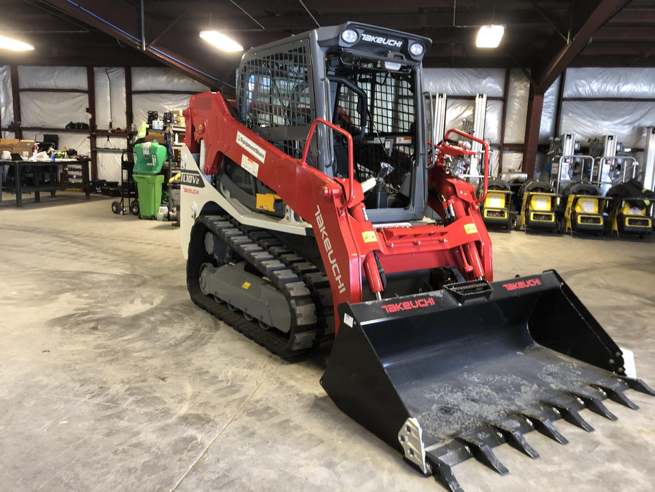 2019 Takeuchi TL10V2-CR Cab/Heat/AC, Rubber Tracks, Backup Alarm, Front & rear working Lights, Auxiliary Hydraulics, 2 Speed Travel, Engine Monitoring System, Hydraulic universal quick hitch w/76" HD dirt bucket with 8 teeth, 20.3 cubic feet capacity, 48" Pallet forks and frame