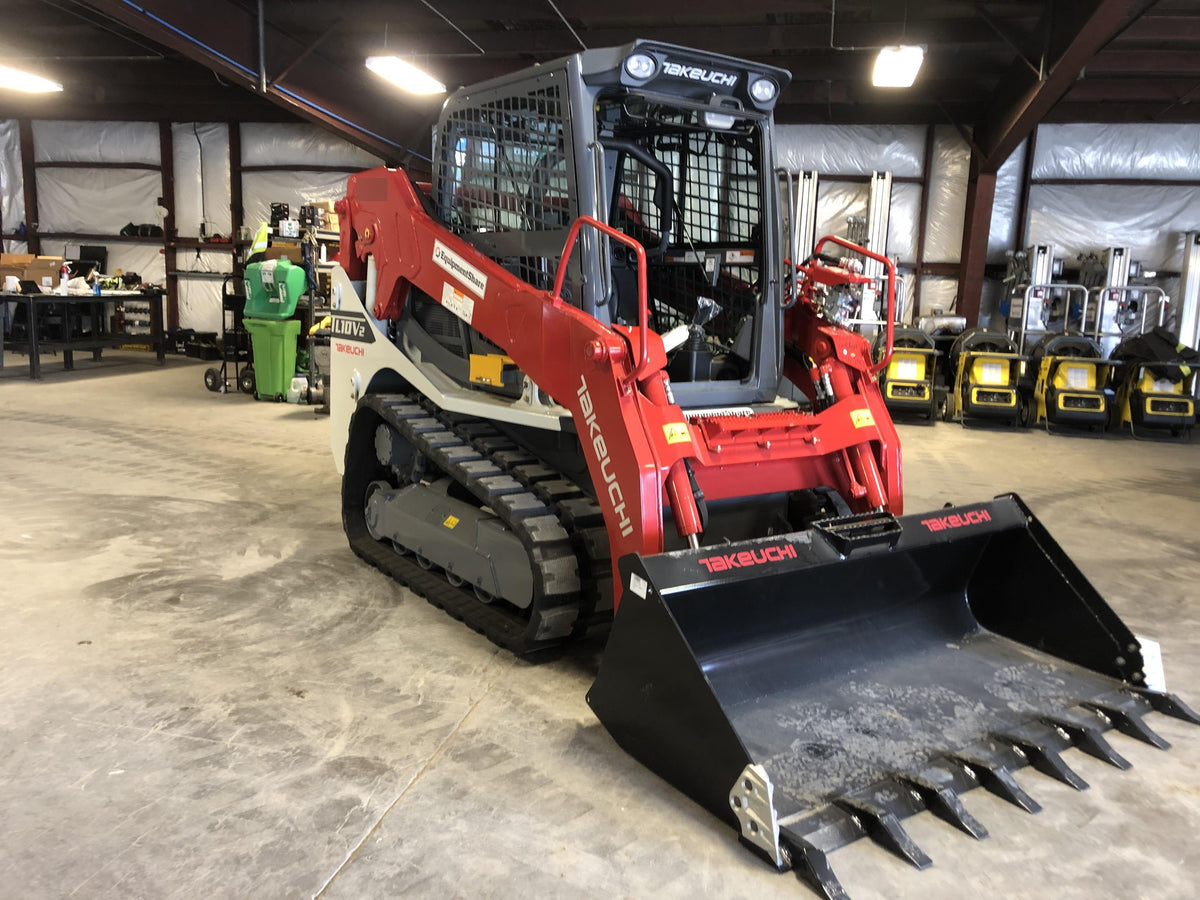 2019 Takeuchi TL10V2-CR Cab/Heat/AC, Rubber Tracks, Backup Alarm, Front & rear working Lights, Auxiliary Hydraulics, 2 Speed Travel, Engine Monitoring System, Hydraulic universal quick hitch w/76" HD dirt bucket with 8 teeth, 20.3 cubic feet capacity, 48" Pallet forks and frame