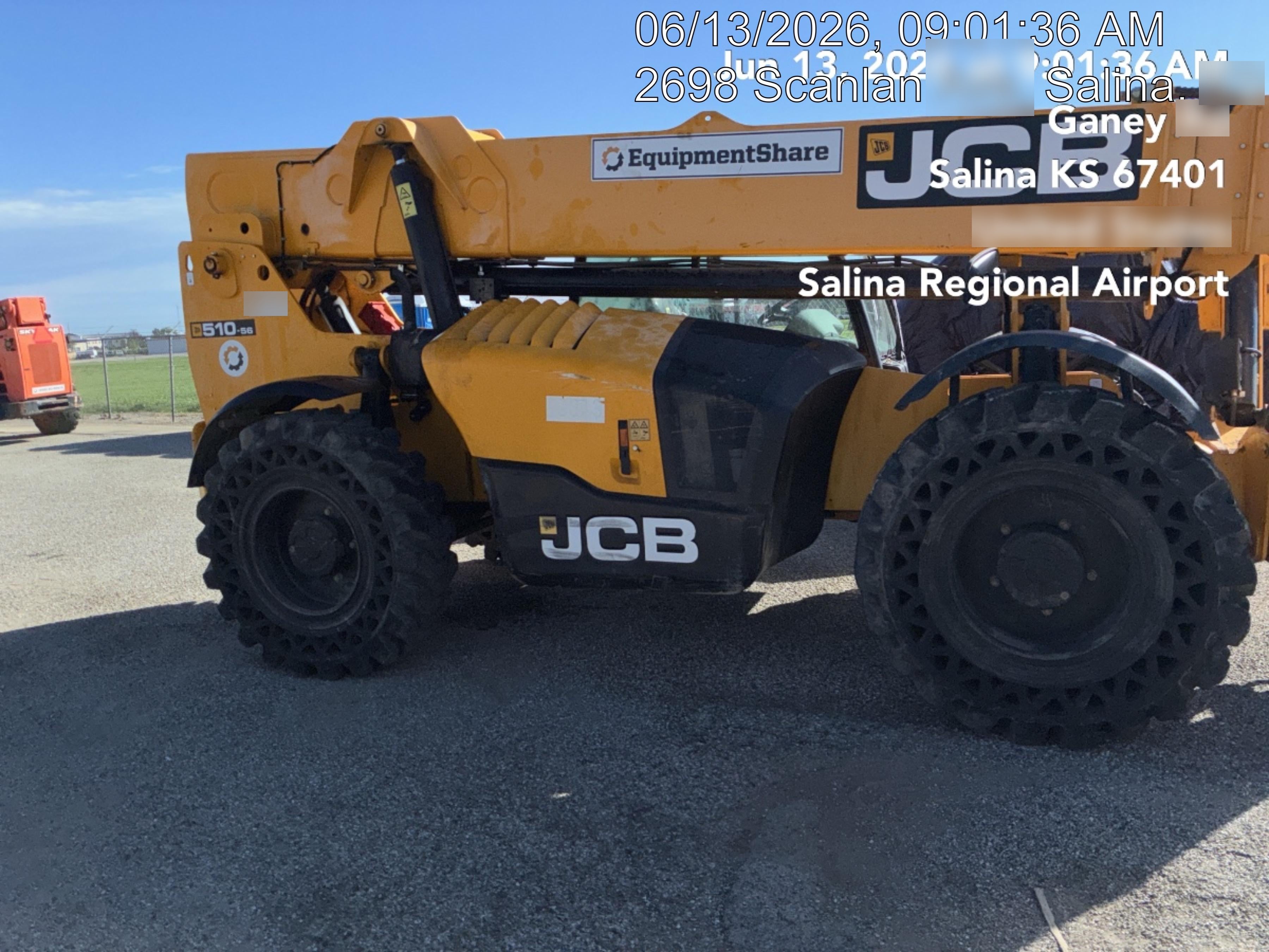 2020 JCB 510-56 Cab/Heat/Air, 74 HP, Solid Tires, STD Worklight, Beacon, Aux Hydraulics, Lifting Eye, Back up Alarm w/66" Carriage/60" Forks