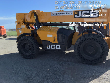 2020 JCB 510-56 Cab/Heat/Air, 74 HP, Solid Tires, STD Worklight, Beacon, Aux Hydraulics, Lifting Eye, Back up Alarm w/66" Carriage/60" Forks