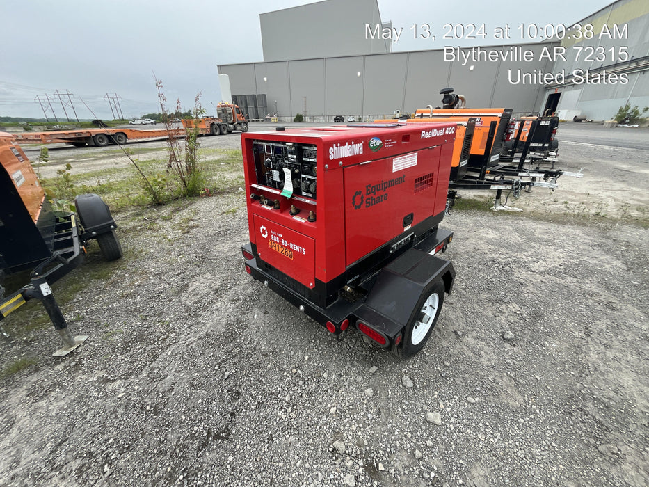 2023 Shindaiwa DGW400MDL Kubota D902 Engine, 23 HP, Dual Op Welder, Wire, Arc, Droop Stick, Tig, and CC Stick Functionality, Simulphase, 3 Phase and 1 Phase Gen Output, Single Axle NB Trlr, Slr Trckl Chrg 12V 12W, Fire Ext, T3