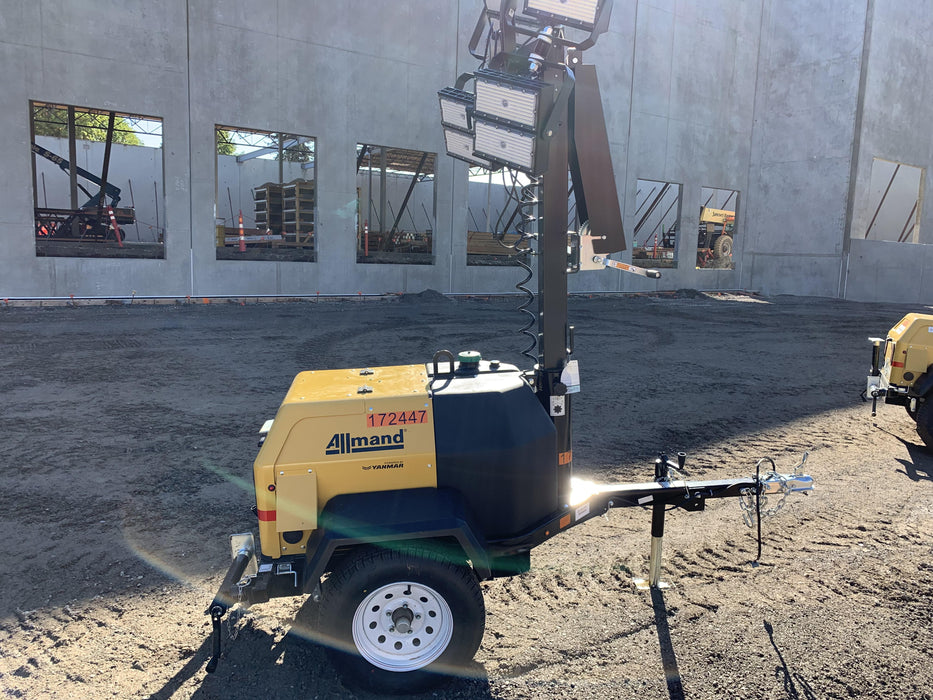 2021 Allmand NLV3GR (4) LED Light Fixture 350W, 23' Vertical Mast, 3kW Prime, Towable, Deep Sea L401, Leveling Jacks, Yanmar T4F 5.8hp