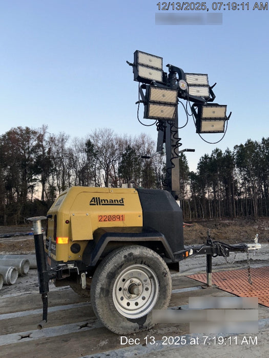 2022 Allmand NLV3GR (4) LED Light Fixture 350W, 23' Vertical Mast, 3kW Prime, Towable, Deep Sea L401, Leveling Jacks, Yanmar T4F 5.8hp