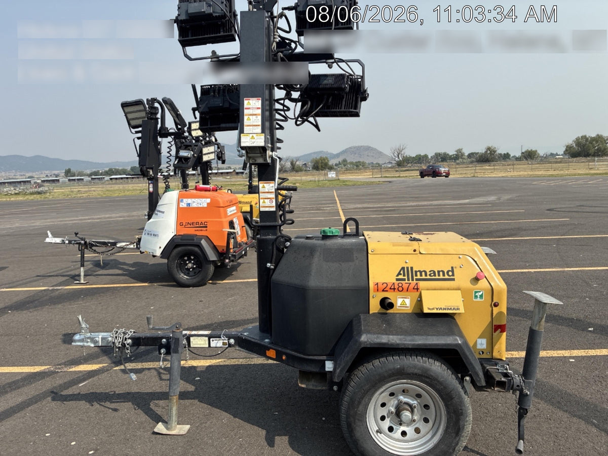2020 Allmand NLV3GR (4) LED Light Fixture 350W, 23' Vertical Mast, 3kW Prime, Towable, Deep Sea L401, Leveling Jacks, Yanmar T4F 5.8hp