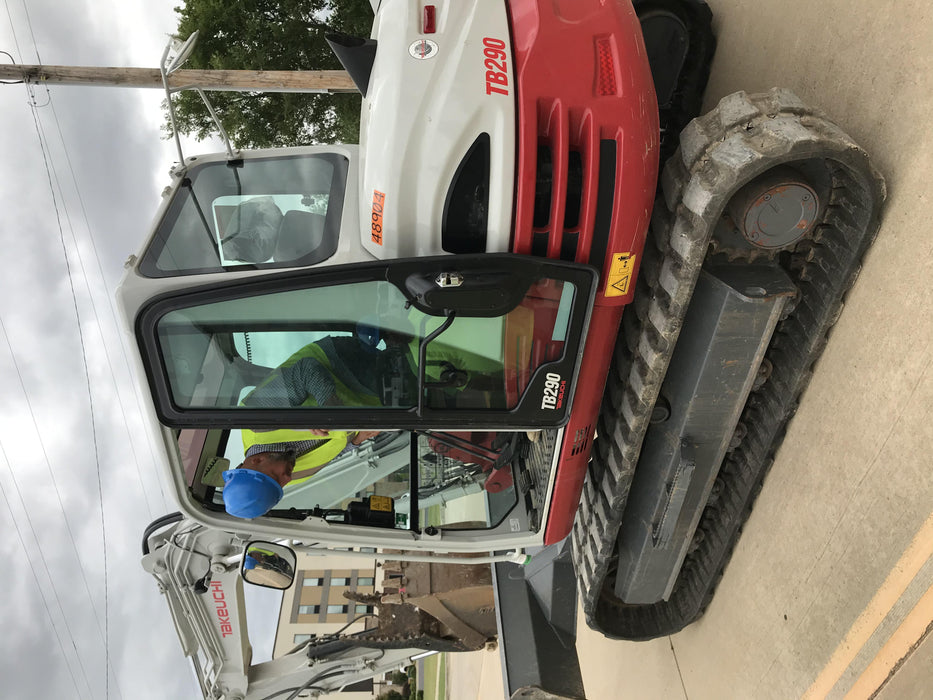 2019 Takeuchi TB290 Cab, AC, Rubber Tracks, Dozer Blade, Travel Alarm, Control Pattern Change Valve, Auxiliary Hydraulics w/18" Quick Coupler Bucket with teeth, 6.2 cu. ft. capacity/24" Quick Coupler Bucket with teeth, 8.6 cu. ft. capacity/36" Quick Coupler Bucket with teeth, 13.4 cu. ft. capacity, Quick Coupler, Hydraulic Thumb Installed