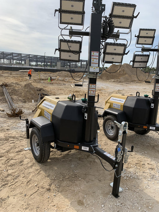 2022 Allmand NLV3GR (4) LED Light Fixture 350W, 23' Vertical Mast, 3kW Prime, Towable, Deep Sea L401, Leveling Jacks, Yanmar T4F 5.8hp