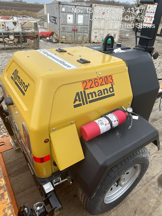 2022 Allmand NLV3GR (4) LED Light Fixture 350W, 23' Vertical Mast, 3kW Prime, Towable, Deep Sea L401, Leveling Jacks, Yanmar T4F 5.8hp