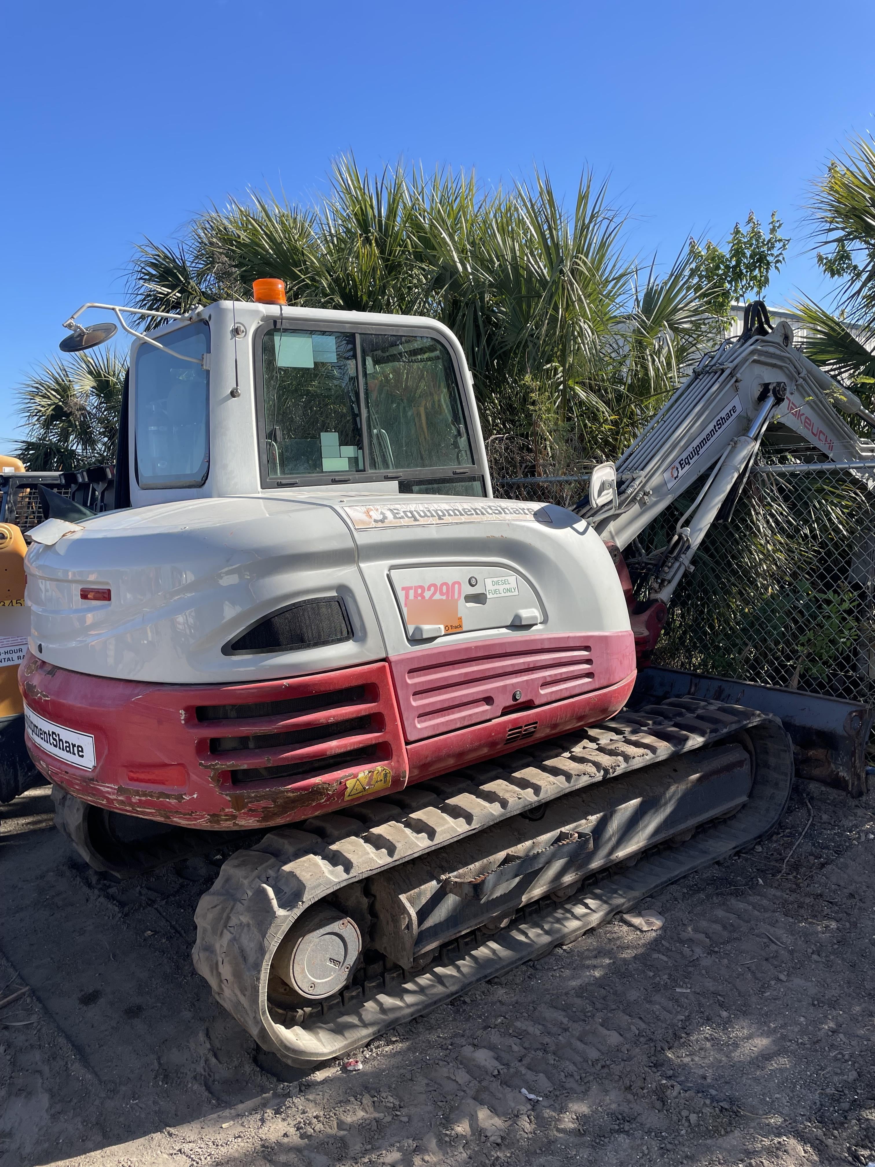 2019 Takeuchi TB290 Cab, AC, Rubber Tracks, Dozer Blade, Travel Alarm, Control Pattern Change Valve, Auxiliary Hydraulics w/18" Quick Coupler Bucket with teeth, 6.2 cu. ft. capacity/24" Quick Coupler Bucket with teeth, 8.6 cu. ft. capacity/36" Quick Coupler Bucket with teeth, 13.4 cu. ft. capacity, Quick Coupler, Hydraulic Thumb Installed