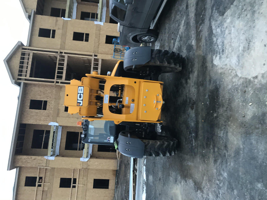 2019 JCB 509-42 74 HP w/Open ROPS, Beacon, Aux Hydraulics, LED Work lights, Solid Tires 66" Carriage/60" Forks