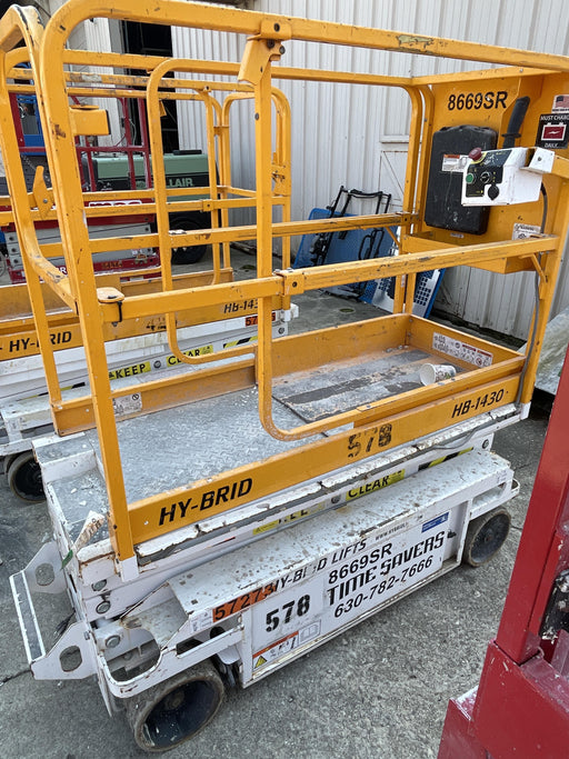 Custom Equipment HB-1430 <ul>
 <li>Hy-Brid Scissor Lift</li>
  <li>Platform capacity up to 670 lbs.</li>
  <li>Working height up to 20 ft</li>
  <li>Weighs under 1,700 lbs.</li>
  <li>Non-marking wheels </li>
</ul>