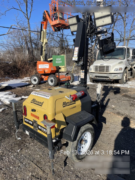 Allmand NLV3GR (4) LED Light Fixture 350W, 23' Vertical Mast, 3kW Prime, Towable, Deep Sea L401, Leveling Jacks, Yanmar T4F 5.8hp