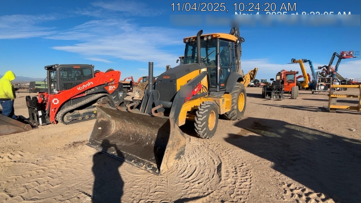 2019 John Deere 410L 4WD, CAB/HVAC, Standard Dipperstick, ISO Controls, Rear Aux Hydraulics, Manual QC w/1.5 Yd Bucket w/Forks, 24" Bucket