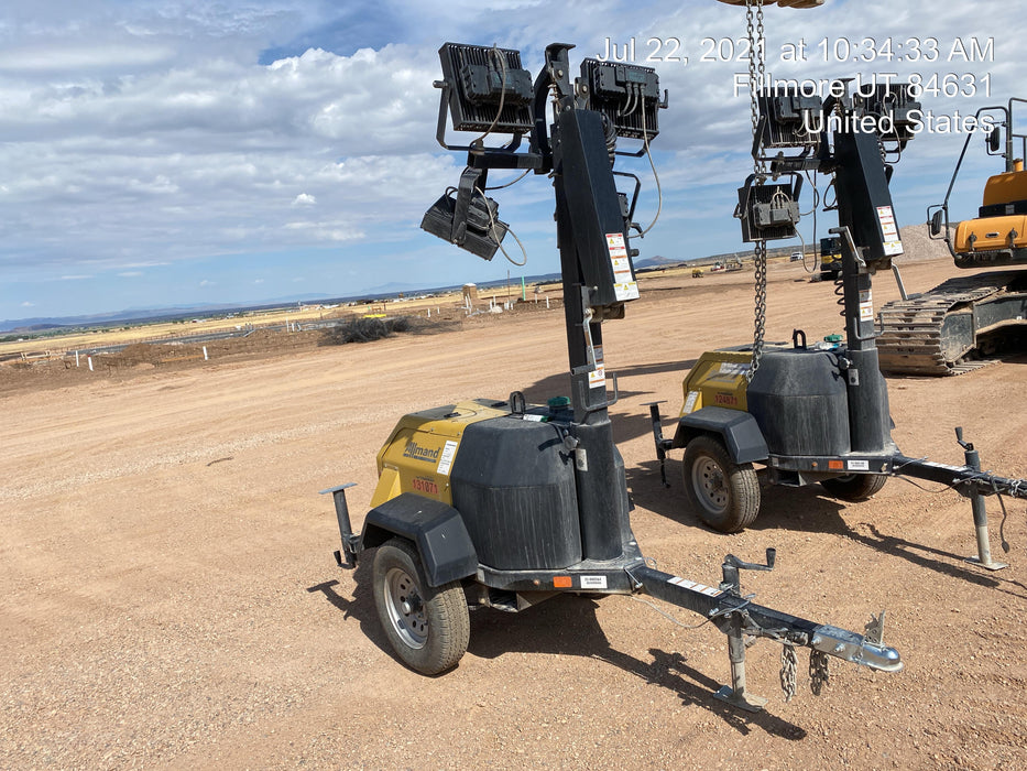 2021 Allmand NLV3GR (4) LED Light Fixture 350W, 23' Vertical Mast, 3kW Prime, Towable, Deep Sea L401, Leveling Jacks, Yanmar T4F 5.8hp