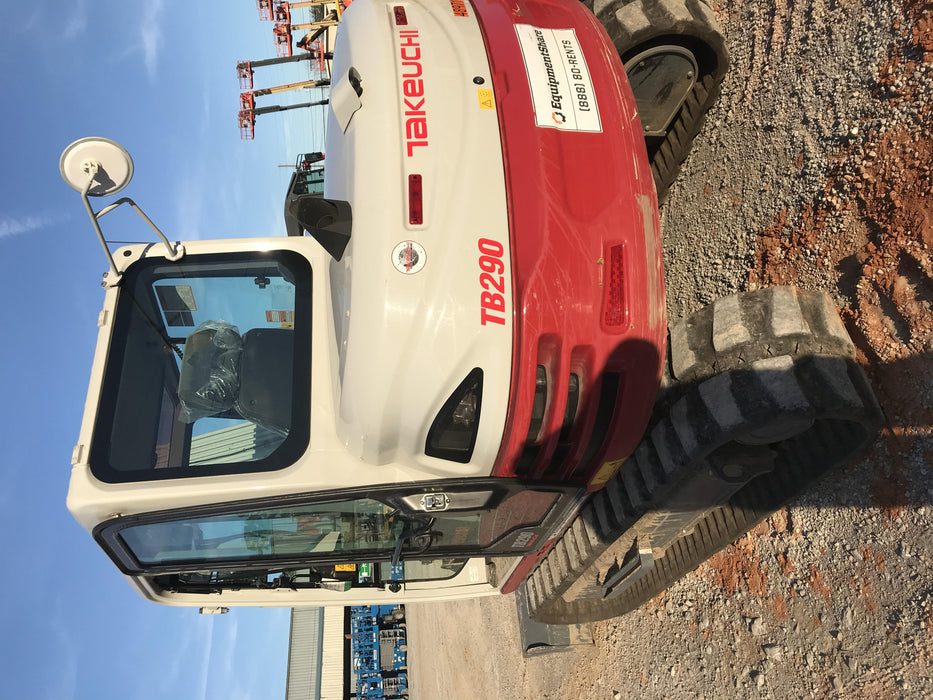 2019 Takeuchi TB290 Cab, AC, Rubber Tracks, Dozer Blade, Travel Alarm, Control Pattern Change Valve, Auxiliary Hydraulics w/18" Quick Coupler Bucket with teeth, 6.2 cu. ft. capacity/24" Quick Coupler Bucket with teeth, 8.6 cu. ft. capacity/36" Quick Coupler Bucket with teeth, 13.4 cu. ft. capacity, Quick Coupler, Hydraulic Thumb Installed