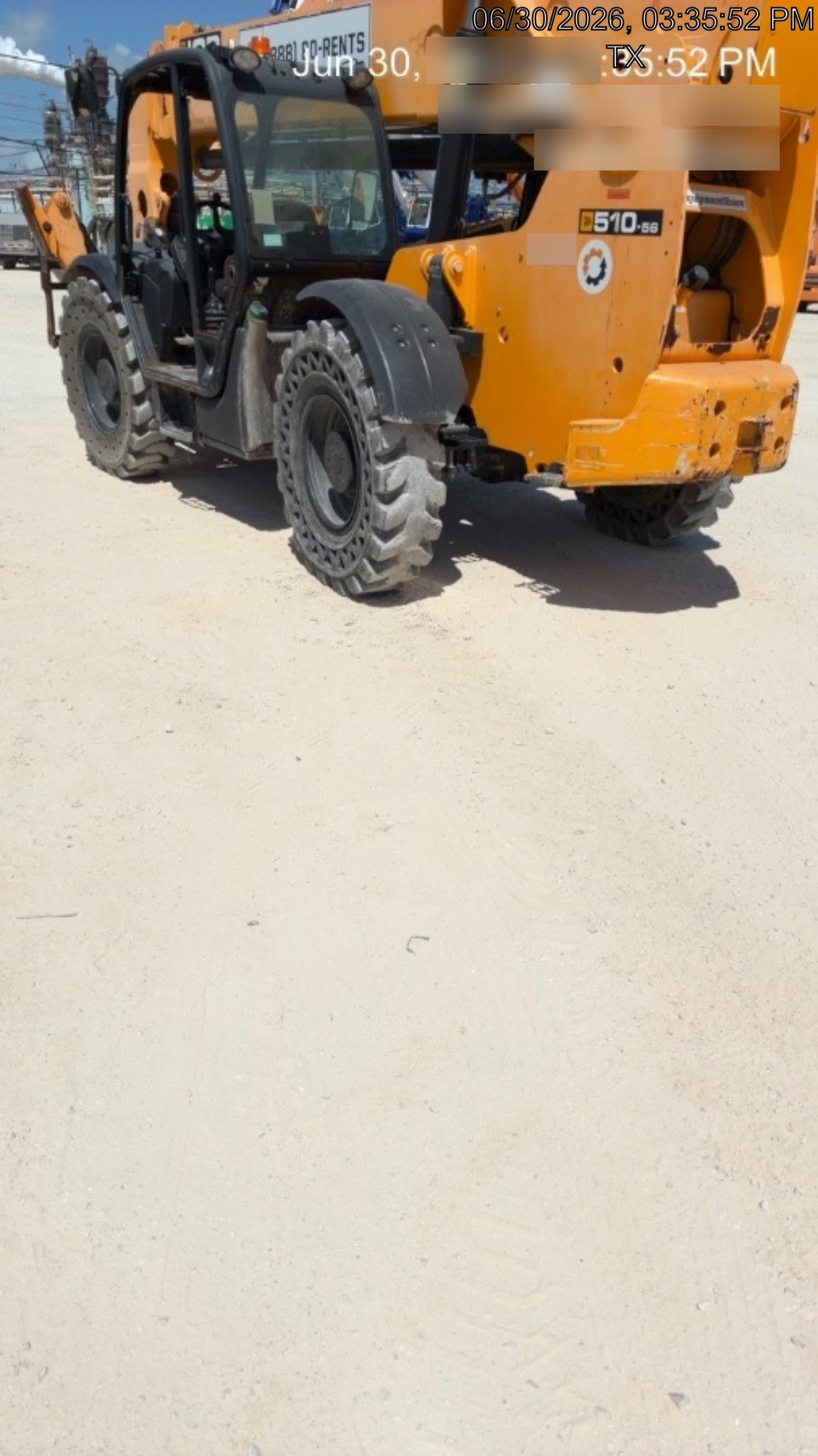 2019 JCB 510-56 Open ROPS, 74 HP, Solid Tires, Worklights, Beacon, Aux Hydraulics, Lifting Eye w/66" Carriage/60" Forks