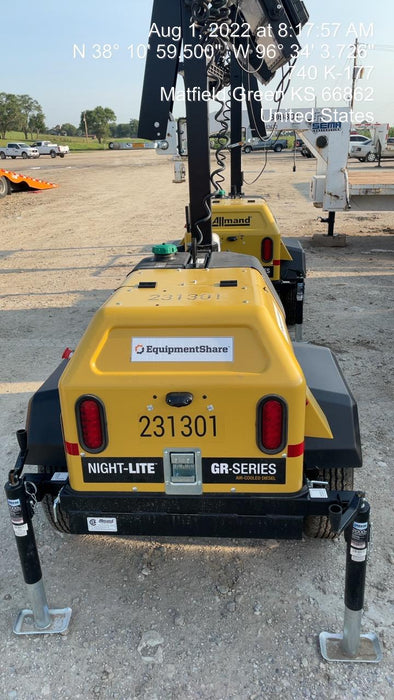 2022 Allmand NLV3GR (4) LED Light Fixture 350W, 23' Vertical Mast, 3kW Prime, Towable, Deep Sea L401, Leveling Jacks, Yanmar T4F 5.8hp