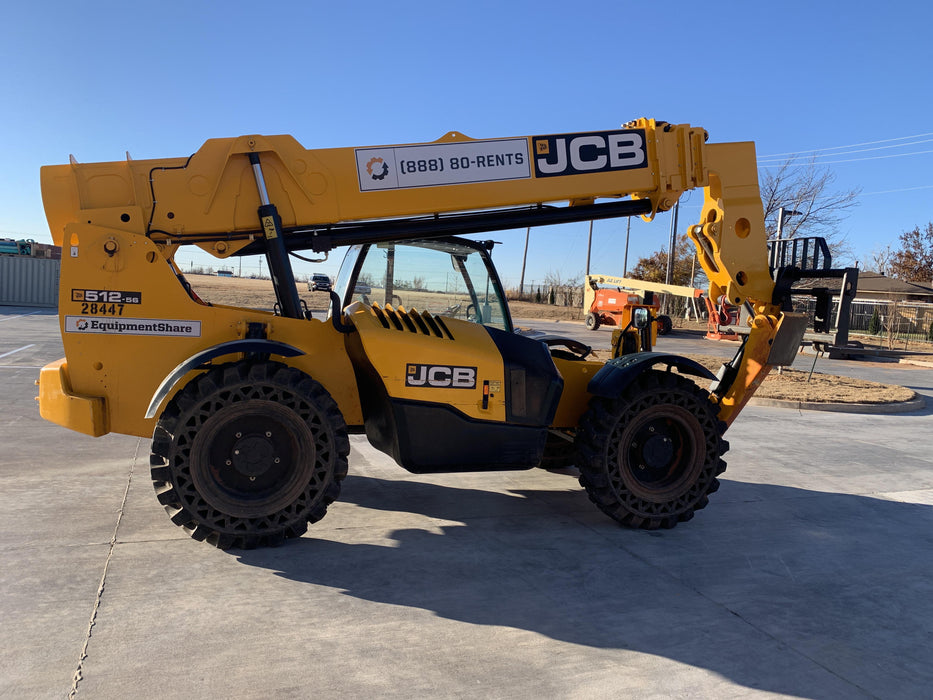 2019 JCB 512-56 109 HP w/Open ROPS, Beacon, Aux Hydraulics, Worklights, Solid Tires 60" Carriage/Forks
