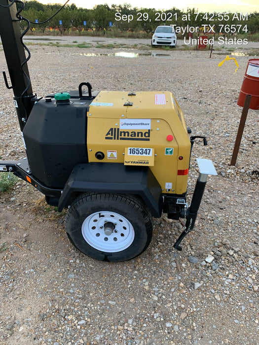 2021 Allmand NLV3GR (4) LED Light Fixture 350W, 23' Vertical Mast, 3kW Prime, Towable, Deep Sea L401, Leveling Jacks, Yanmar T4F 5.8hp