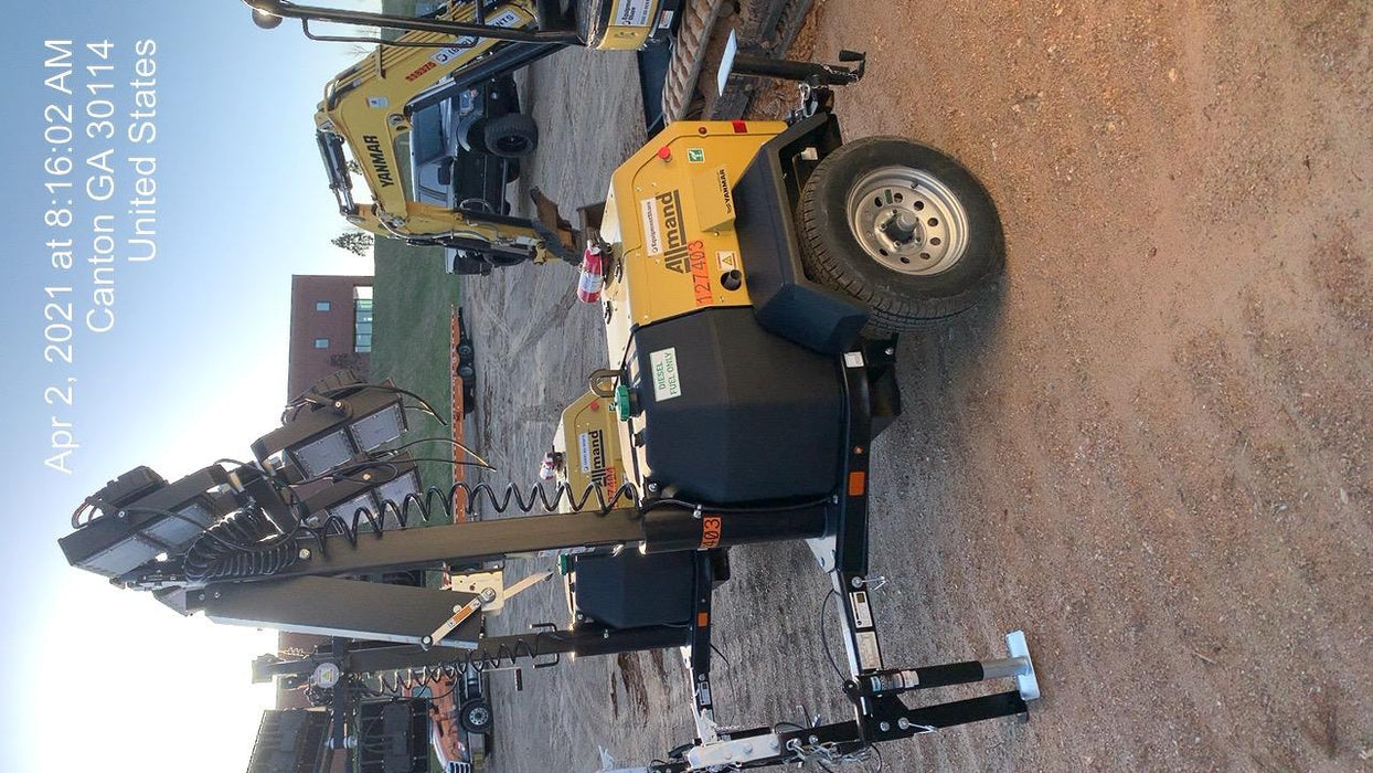 2021 Allmand NLV3GR (4) LED Light Fixture 350W, 23' Vertical Mast, 3kW Prime, Towable, Deep Sea L401, Leveling Jacks, Yanmar T4F 5.8hp