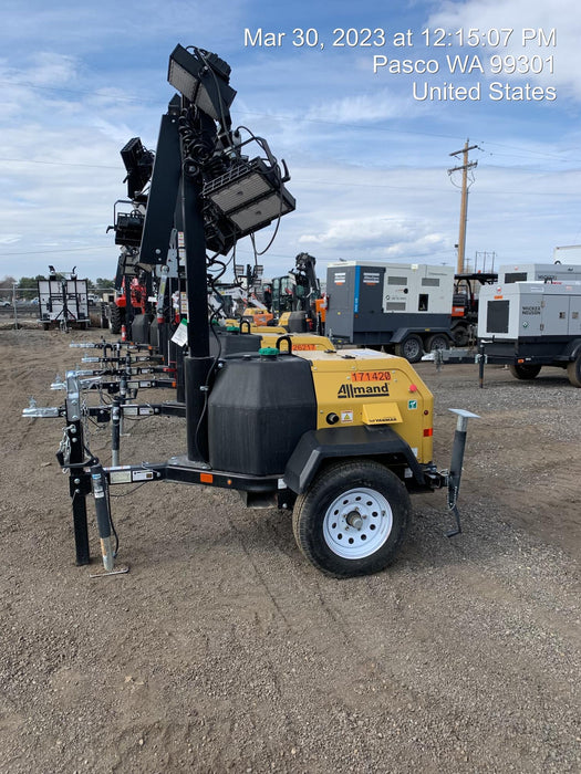 2021 Allmand NLV3GR (4) LED Light Fixture 350W, 23' Vertical Mast, 3kW Prime, Towable, Deep Sea L401, Leveling Jacks, Yanmar T4F 5.8hp