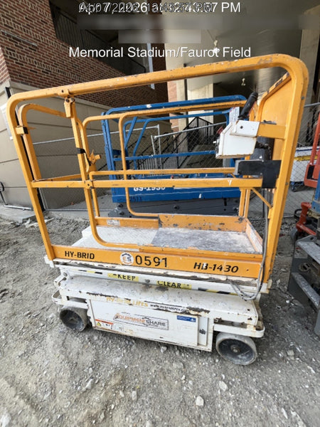 Custom Equipment HB-1430 Hy-Brid Scissor Lift
Platform capacity up to 670 lbs
Working height up to 20 ft
Weighs under 1,700 lbs
Non-marking wheels