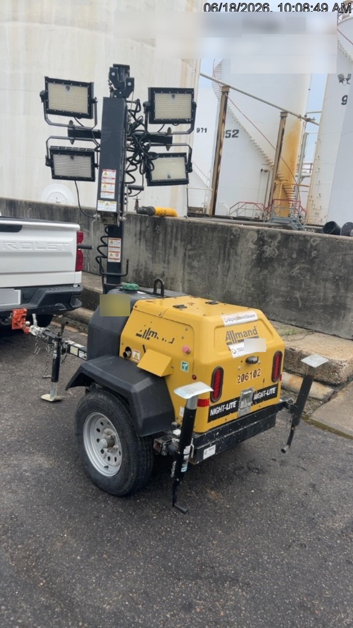 2022 Allmand NLV3GR (4) LED Light Fixture 350W, 23' Vertical Mast, 3kW Prime, Towable, Deep Sea L401, Leveling Jacks, Yanmar T4F 5.8hp