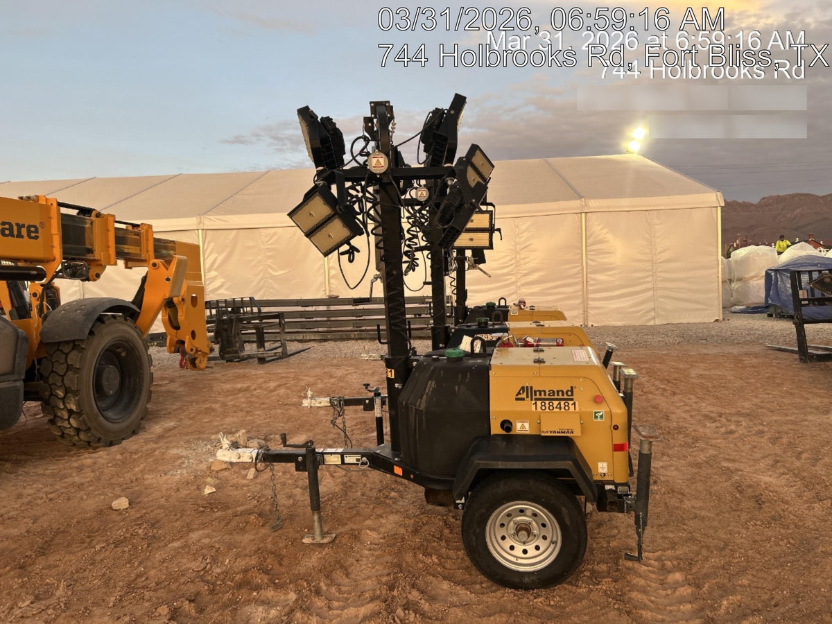 Allmand NLV3GR (4) LED Light Fixture 350W, 23' Vertical Mast, 3kW Prime, Towable, Deep Sea L401, Leveling Jacks, Yanmar T4F 5.8hp