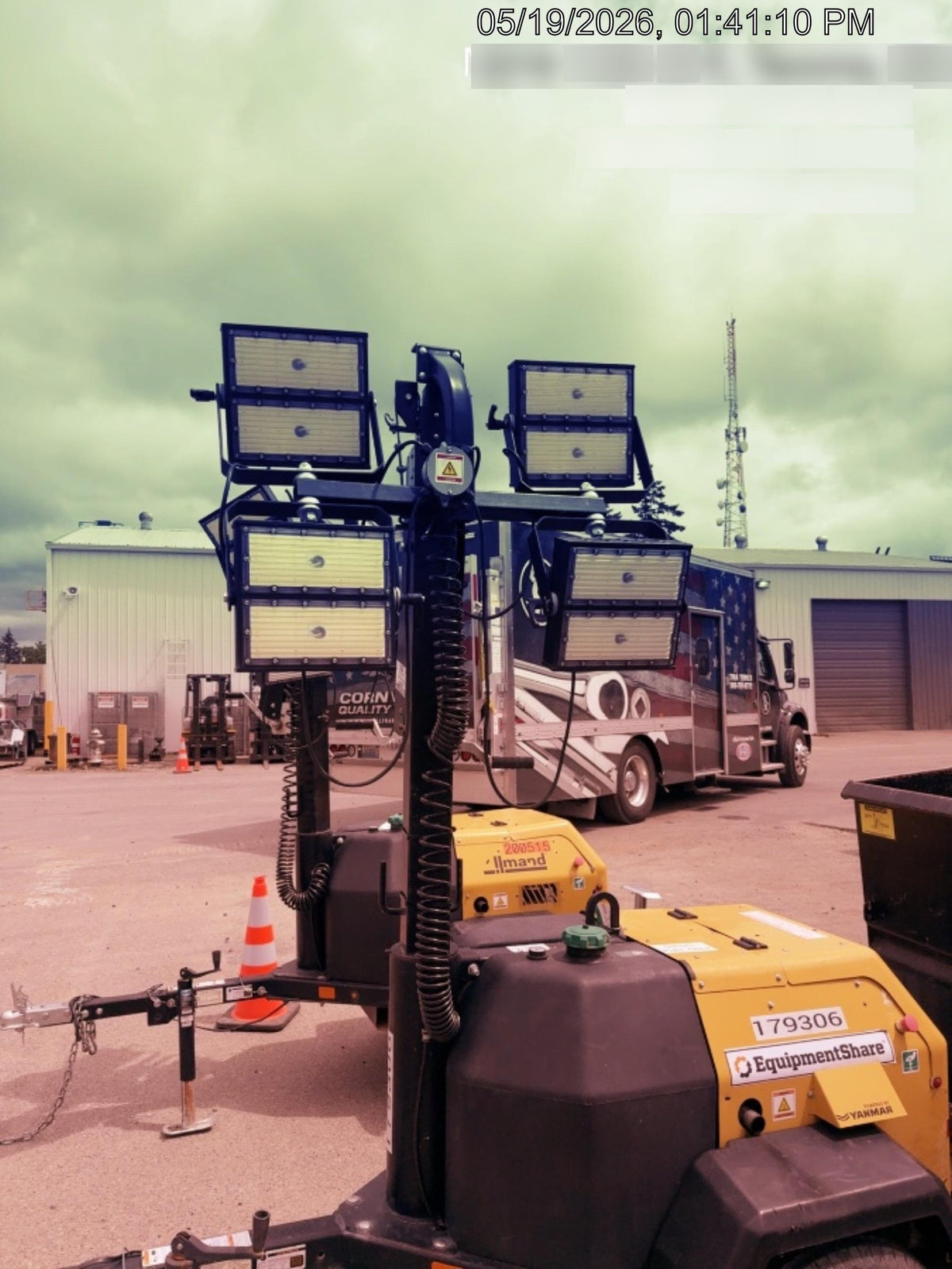 Allmand NLV3GR (4) LED Light Fixture 350W, 23' Vertical Mast, 3kW Prime, Towable, Deep Sea L401, Leveling Jacks, Yanmar T4F 5.8hp