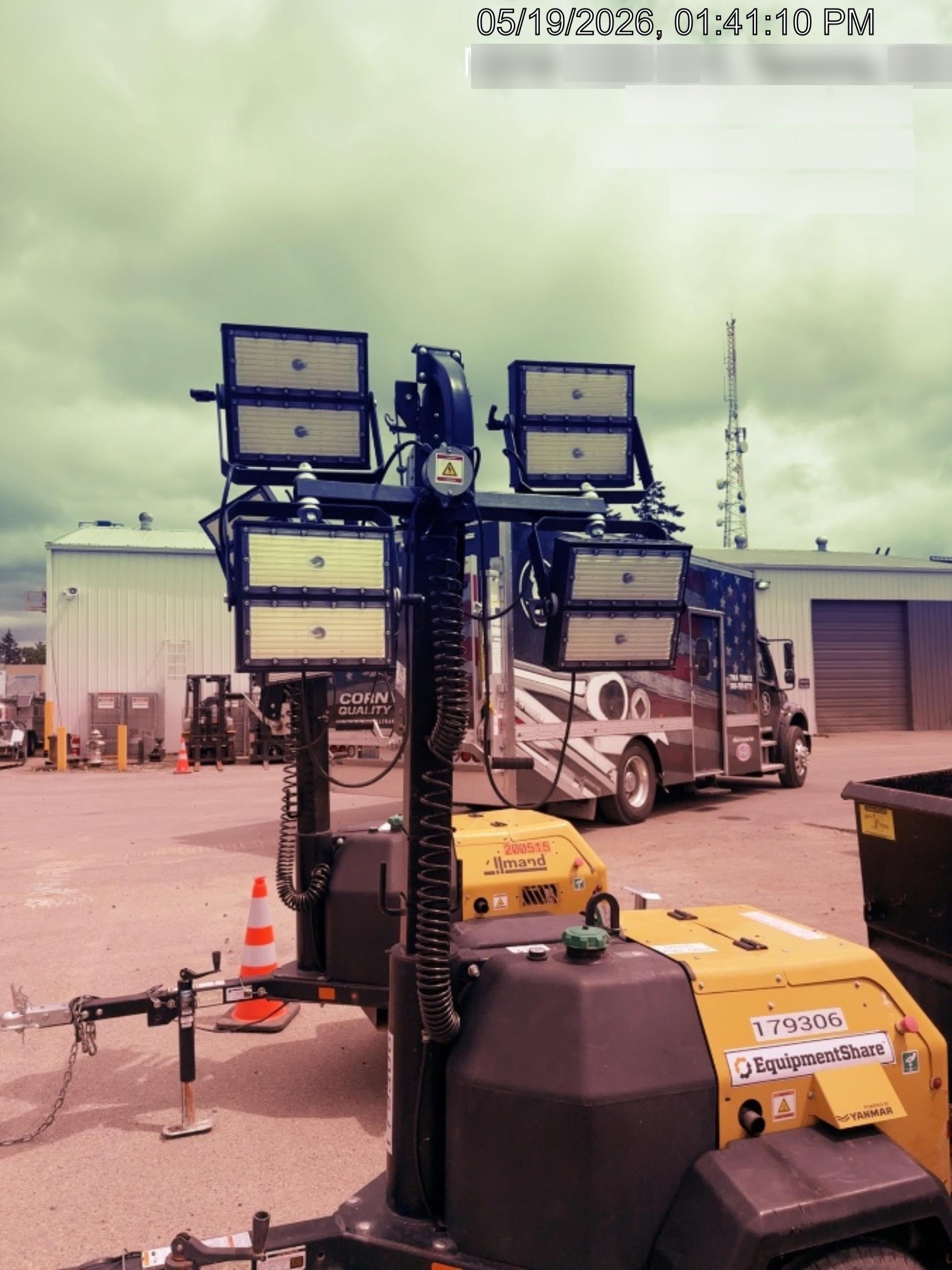 Allmand NLV3GR (4) LED Light Fixture 350W, 23' Vertical Mast, 3kW Prime, Towable, Deep Sea L401, Leveling Jacks, Yanmar T4F 5.8hp