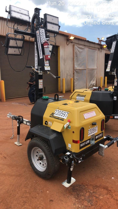 2022 Allmand NLV3GR (4) LED Light Fixture 350W, 23' Vertical Mast, 3kW Prime, Towable, Deep Sea L401, Leveling Jacks, Yanmar T4F 5.8hp