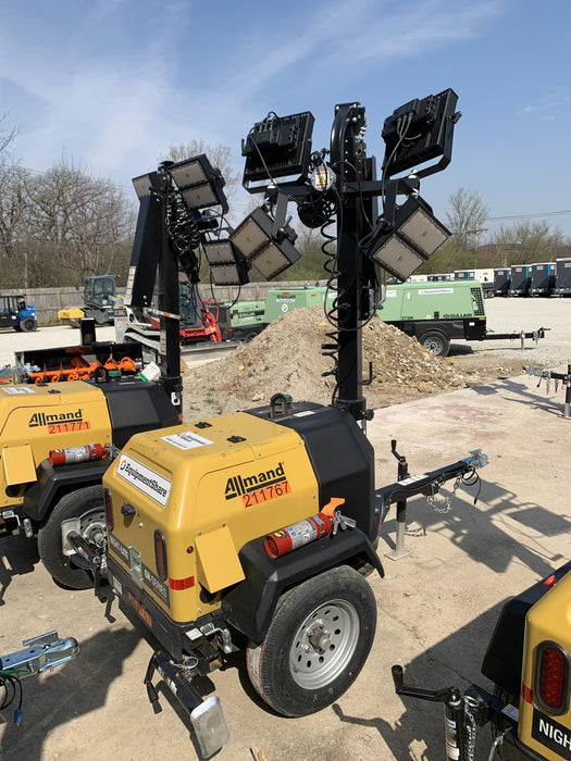 2022 Allmand NLV3GR (4) LED Light Fixture 350W, 23' Vertical Mast, 3kW Prime, Towable, Deep Sea L401, Leveling Jacks, Yanmar T4F 5.8hp