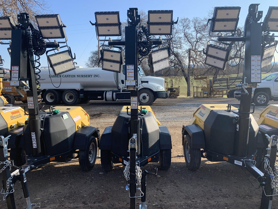 2022 Allmand NLV3GR (4) LED Light Fixture 350W, 23' Vertical Mast, 3kW Prime, Towable, Deep Sea L401, Leveling Jacks, Yanmar T4F 5.8hp