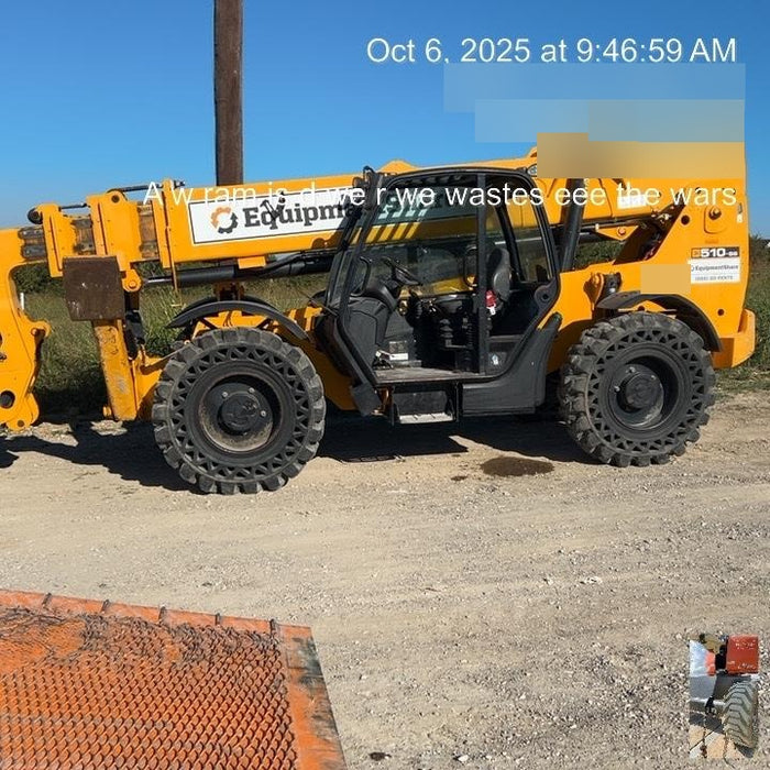 2019 JCB 510-56 Open ROPS, 74 HP, Solid Tires, Worklights, Beacon, Aux Hydraulics, Lifting Eye 66" Carriage/60" Forks