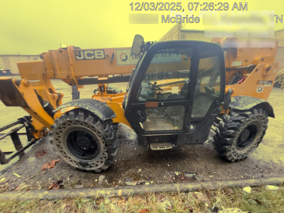2020 JCB 510-56 Cab/Heat/Air, 74 HP, Solid Tires, STD Worklight, Beacon, Aux Hydraulics, Lifting Eye, Back up Alarm w/66" Carriage/60" Forks