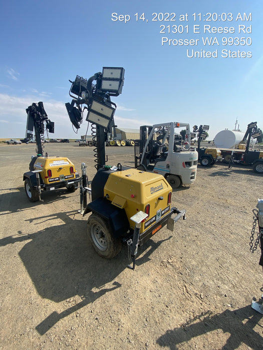 2020 Allmand NLV3GR (4) LED Light Fixture 350W, 23' Vertical Mast, 3kW Prime, Towable, Deep Sea L401, Leveling Jacks, Yanmar T4F 5.8hp